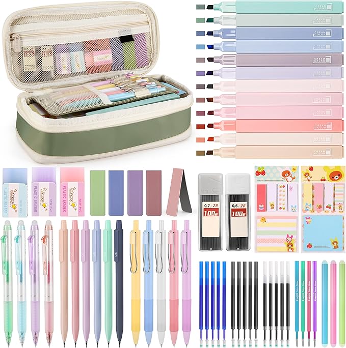 62PCS Aesthetic Stationery Set with Pencil Case, No Bleed Highlighters, Gel & Erasable Pens, Mechanical Pencils, Refills, Cute Supplies for Note Taking, Journaling & Bible Study, Green