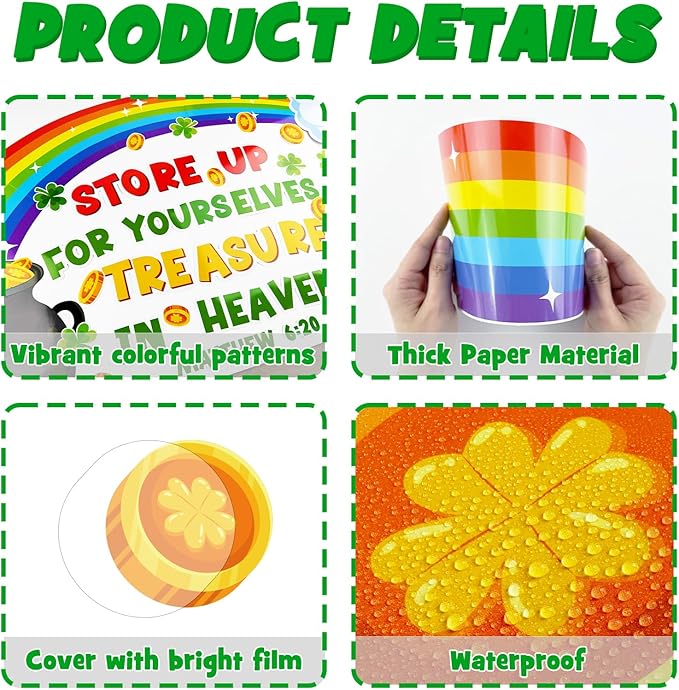 St. Patrick's Day Bulletin Board Decoration Set, March Religious Classroom Decorations Lucky Charms Shamrock Rainbow Pot of Gold Cutouts Irish Holiday Library School Home Window Door Decor for Teacher