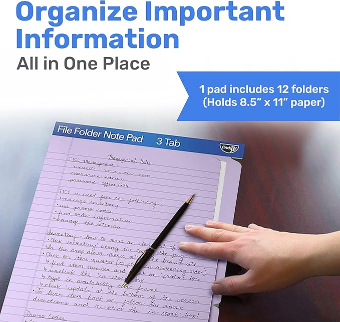 Find It File Folder Notepad - Pack of 12-9.5 x 12.5 Inch Notebook Organizer Folders for Filing, Document, and Clipboard Organization - Lavender