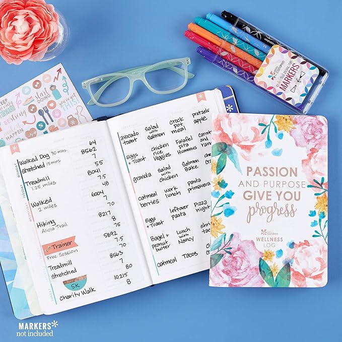 Erin Condren Designer Petite Planner - Wellness Log Edition 3, Track Habits for Sleep, Water Intake, Steps Taken, and Goals. Includes Inspirational and Fun Sticker Set