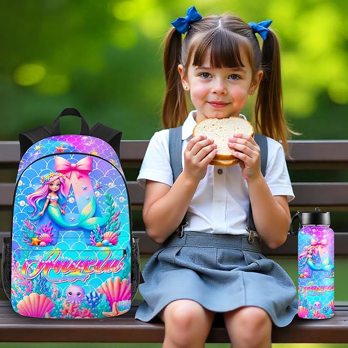 Custom Kids Backpack with Lunch Box Personalized Name Bookbag for Girls Back to School Mermaid Backpacks for Elementary Middle School Boys