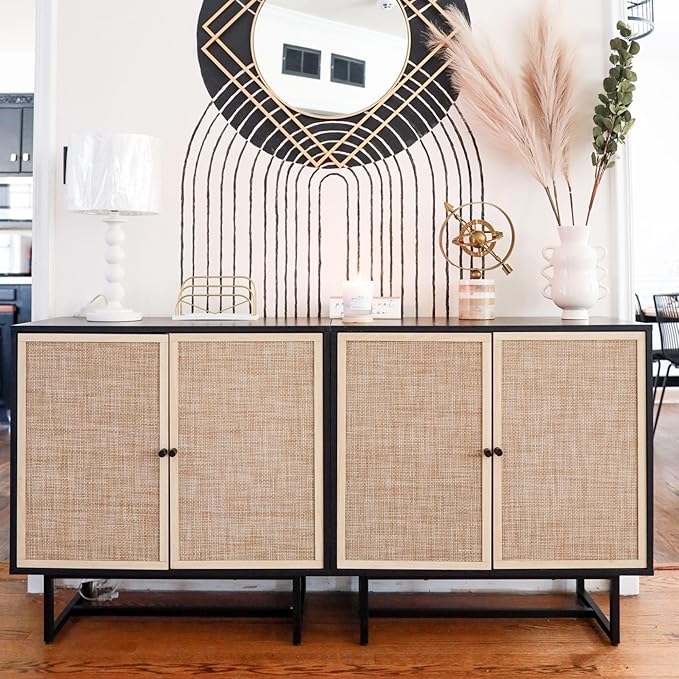 Nathan James Kova Rattan Wood Accent Sideboard Storage Cabinet TV Stand with Matte Metal Frame, Adjustable Shelves and Cane Doors, for Hallway, Entryway or Living Room, Black Oak/Cane, Set of 3