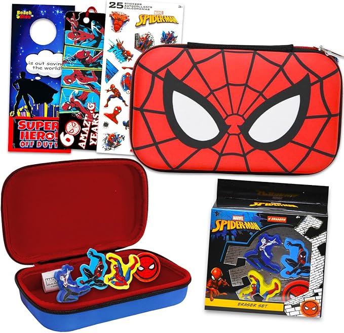 Spider-Man Spiderman Pencil Case for Kids - Marvel Stationery Bundle Pencil Case, Erasers, Stickers, Bookmark, More | Spiderman School Supplies for Boys 4-6