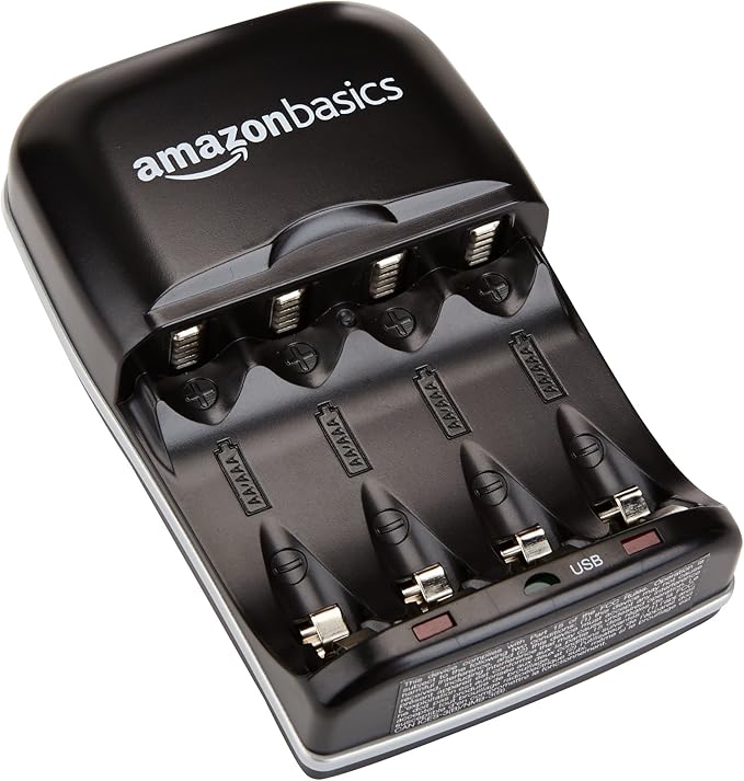 Amazon Basics Rechargeable Battery Charger for AA & AAA Ni-MH Batteries with USB Port, Portable, Travel-Friendly, Over-Charge Protection, Black