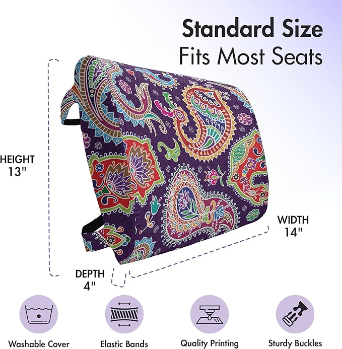 Ambesonne Paisley Lumbar Back Support Pillow, Sixties and Seventies Hippie Themed Motives Geometrical and Floral Design Image Print, High Density Foam for Office Chairs Car Seats, 14" x 13", Purple