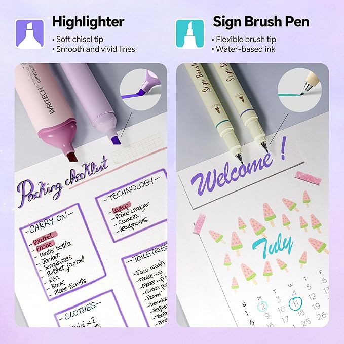 WRITECH Gel Ink Pens Journaling: Aurora Wonderland Pen Set, Gradient Barrels Black Ink Pens Pastel Highlighters Brush Markers, No Bleed Smooth Writing Drawing Gift for Friends 12ct