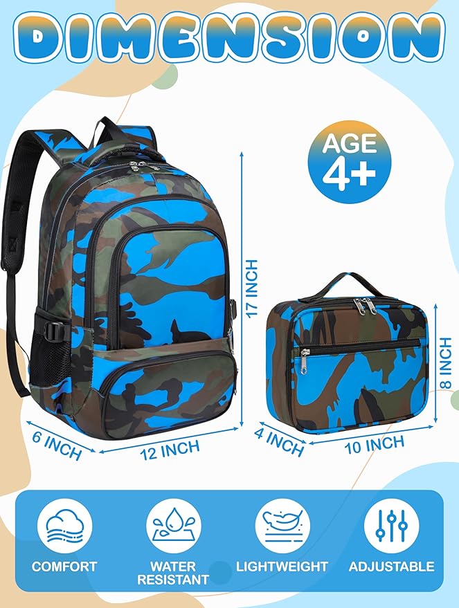 BLUEFAIRY Kids Backpack with Lunch Box for Girls Boys Elementary Primary Middle School Bag with Lunch Bag Set 17 Inch Bookbag Mochilas Escolares para Niñas Niños (Camo, Sky Blue)