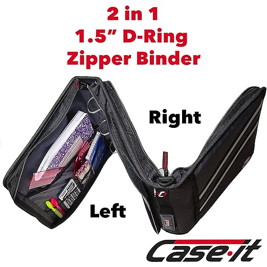 Case-it The Z Shape Zipper Binder - Two Binders in One - Double Sided 1.5 Inch D-Ring - Multiple Pockets - 500 Page Capacity - Comes with Shoulder Strap, Jet Black Z-176