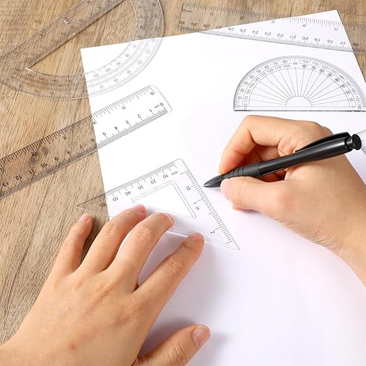 6PCS Small Clear Ruler 1 Set Plastic Geometry Set Includes 12 Inch 6 Inch Student Transparent Straight Rulers, 6" 4" Math Protractor, 30/60 and 45/90 Triangle Kids Ruler for School Office Supplies