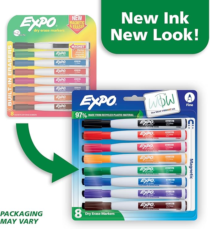 Expo Magnetic Dry Erase Markers with Eraser Fine Tip Assorted 8 Count