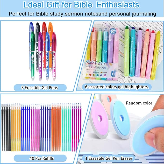 55 Pcs Aesthetic Highlighter and Erasable Pen Set, including 6 Bible Highlighters, 8 Erasable Pens, 40 Refills and1 Eraser,No Bleed, Perfect for Bible Study Journaling Planner Notes School Supplies