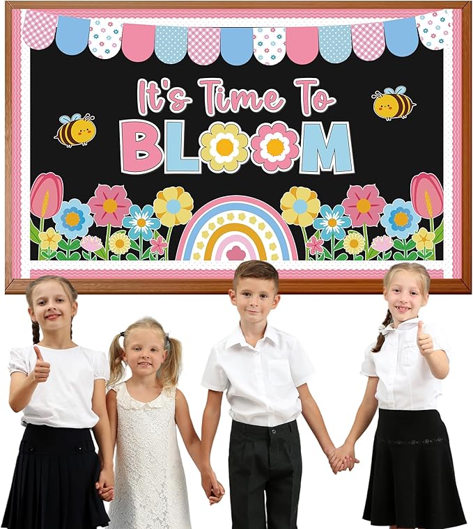 Spring Flower Bloom Bulletin Board Classroom Spring Bulletin Board Decorations Colorful Flower Bulletin Board with Rainbow Floral Paper Cutout Bee Cutouts for Classroom Door Wall Decor