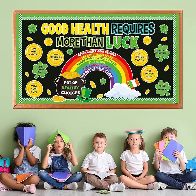 St. Patrick's Day Health Bulletin Board Lucky Shamrock Bulletin Board Decorations Rainbow Gold Coin Paper Cutouts for St. Patrick Party Supplies Home Classroom Chalkboard Wall Door Window Decoration