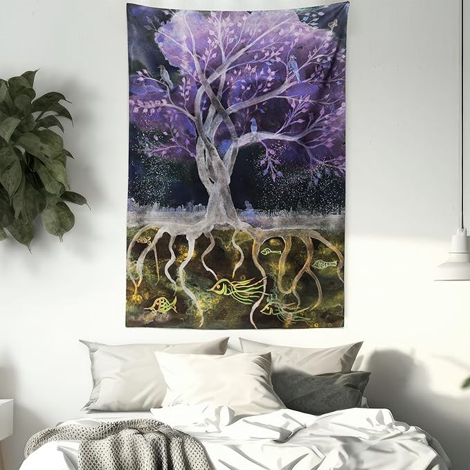 Ambesonne Tree of Life Tapestry Queen Size, Psychedelic Mysterious Nature at Night Birds and Fishes Home Art, Wall Hanging Bedspread Bed Cover Wall Decor, 88" X 88", Purple Black