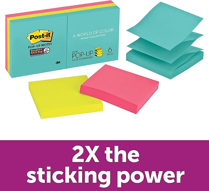 Post-it Super Sticky Pop-up Notes, 3x3 in, 6 Pads, 2X The Sticking Power, Supernova Neons, Bright Colors, Recyclable (R330-6SSMIA)