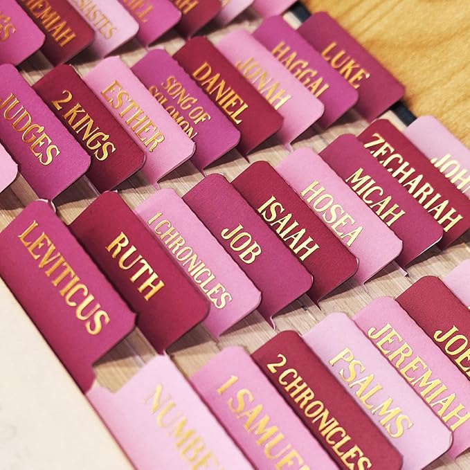 Laminated Bible Tabs, Gold Foil Embossed Lettering Bible Chapter Index Tabs for Women Men, Reposition Large Print Sticky Labels, Easy to Read and Apply, 105Chapters Labels for Easy Navigation (Pink)