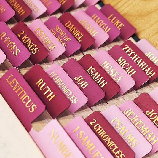 Laminated Bible Tabs, Gold Foil Embossed Lettering Bible Chapter Index Tabs for Women Men, Reposition Large Print Sticky Labels, Easy to Read and Apply, 105Chapters Labels for Easy Navigation (Pink)