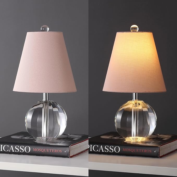 JONATHAN Y 16" Clear/Pink Crystal Ball LED Table Lamp, White Modern Bedside Lamp, with White Linen Empire Shade, Glam Orb Glass Nightstand Lamp for Living Room, LED Bulb (JYL2079C)