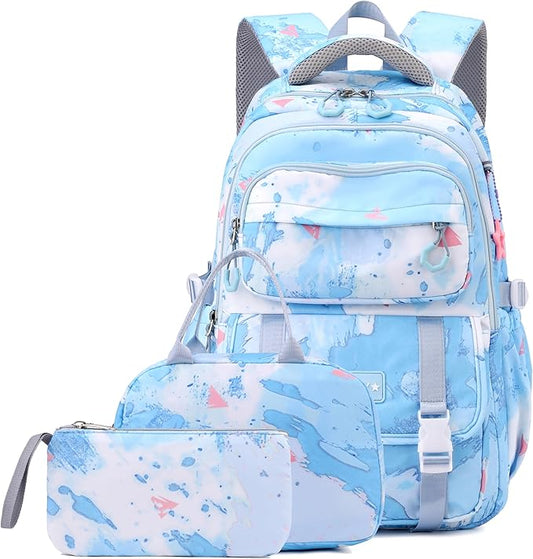 Backpack for Girls Kids Backpacks with Lunch Box Elementary Middle High School Backpacks Students Bookbag Set School Bags for Teens Girls (Sky Blue)