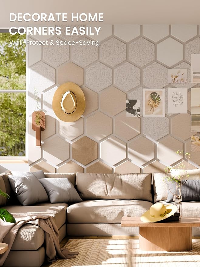 Fluxynara Hexagon Cork Board Alternative for Walls Decor-8-Pack Felt Bulletin Board Tiles,with 30 Pushpins,50 Adhesive Tabs for Office,Classrooms & Home Pin Board Felt Board-Stone Beige