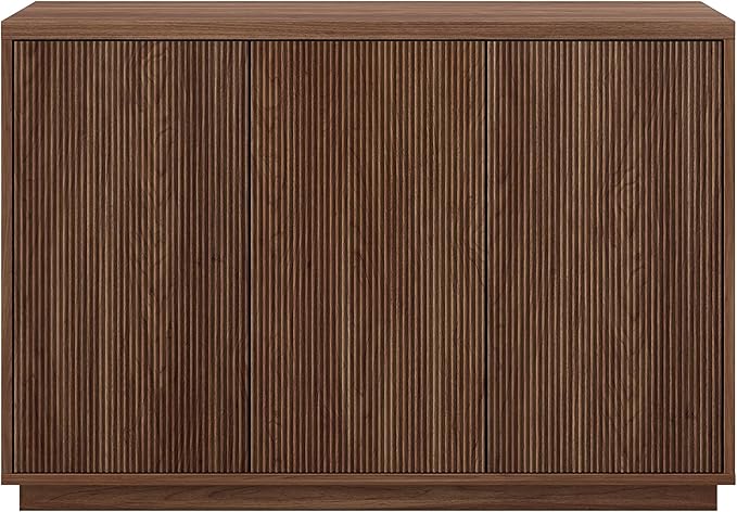 Henn&Hart 47.5'' Fluted Sideboard Buffet Cabinet, Ribbed Modern Wooden Credenza with 3 Doors, Adjustable Shelves, and Cable Management Cut-Outs for Dining Room, Kitchen or Living Room, Satin Walnut