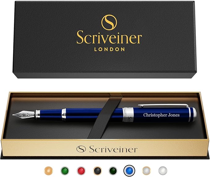 Scriveiner Personalized Midnight Blue Fountain Pen - Stunning Blue Lacquer Luxury Pen, Chrome Finish, German Schmidt Nib (Medium), Best Engraved Pen Gift Set for Men & Women, Name Engraving