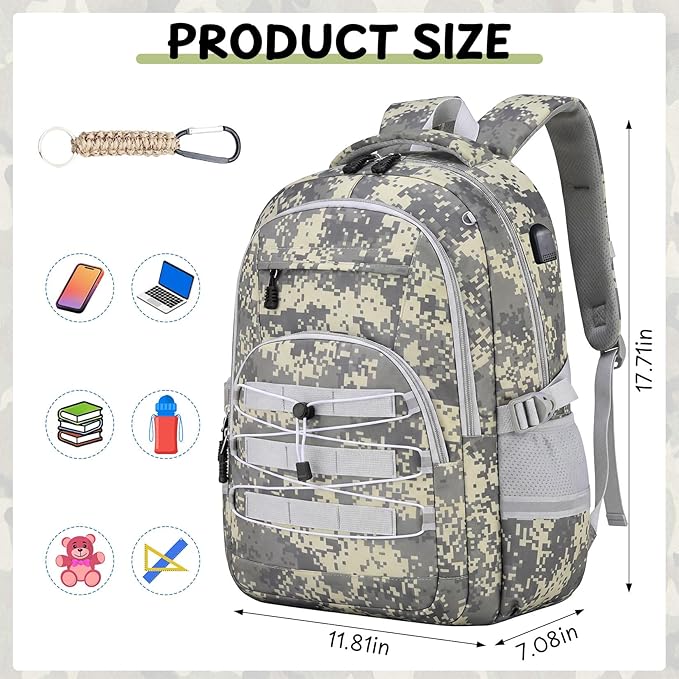 Kids Backpack for Boys - Camo Boys Backpacks for Kids Teens Elementary Middle School, 18″ Camouflag Students Bookbag with Usb Charging Port & Key-chain, Perfect for Travel and School