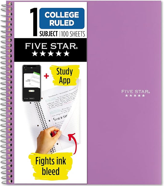 Five Star Spiral Notebook + Study App, 1 Subject, College Ruled Paper, 8-1/2" x 11", 100 Sheets, Fights Ink Bleed, Water Resistant Cover, Amethyst Purple (38744)