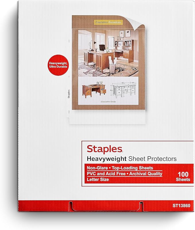 Staples Sheet Protectors, Clear, 100-Pack, Top-Loading, 3-Hole Punched, Letter Size Page Protectors for Binders