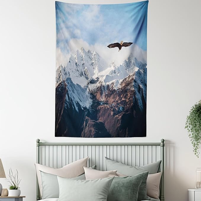 Ambesonne Mountain Tapestry, Frozen Peaks Tops of the Mountain with a Flying Eagle Free in Nature Photo, Fabric Wall Hanging Decor for Bedroom Living Room Dorm, 23" X 28", Brown White Blue