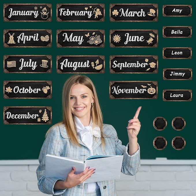Gueevin 60 Pcs Industrial Chic Months of The Year Bulletin Board Set Holiday Monthly Headliners Employee of The Month Sign 12 Seasonal Monthly Headers for School Classroom Teacher Chalkboard Calendar
