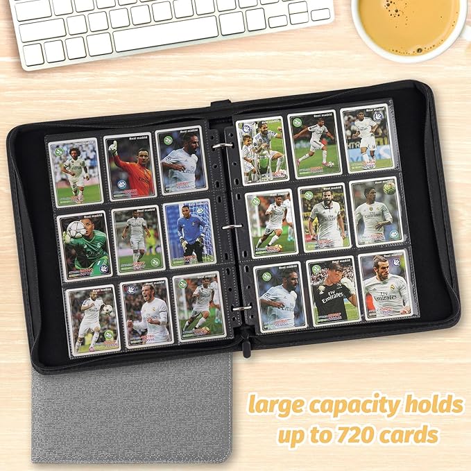 9 Pocket Card Binder, Premium Zip Trading Card Binder, 720 Double Sided Pocket PU Card Collection Binder, Collector Card Album, Card Folder for MTG, TCG, Sports Cards, Game Cards (Grey2)