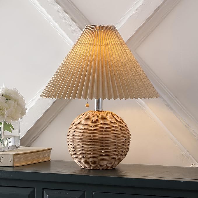 JONATHAN Y 17.25" Natural/Chrome/Dark Beige Sphere Table Lamp, Mid-Century Bedside Nightstand with Beige Pleated Linen Shade, Scandinavian Coastal Style, LED Bulb Included (JYL1145C)