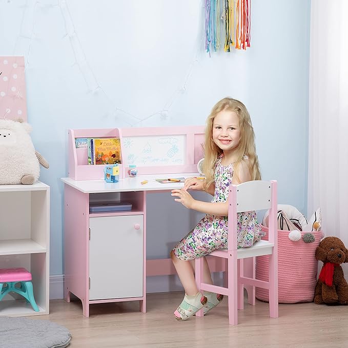 Qaba Toddler Desk and Chair Set, Kids Writing Desk Study Table for Children with Whiteboard, Storage Cabinet, Child Furniture, Art Gifts for Kids, Pink