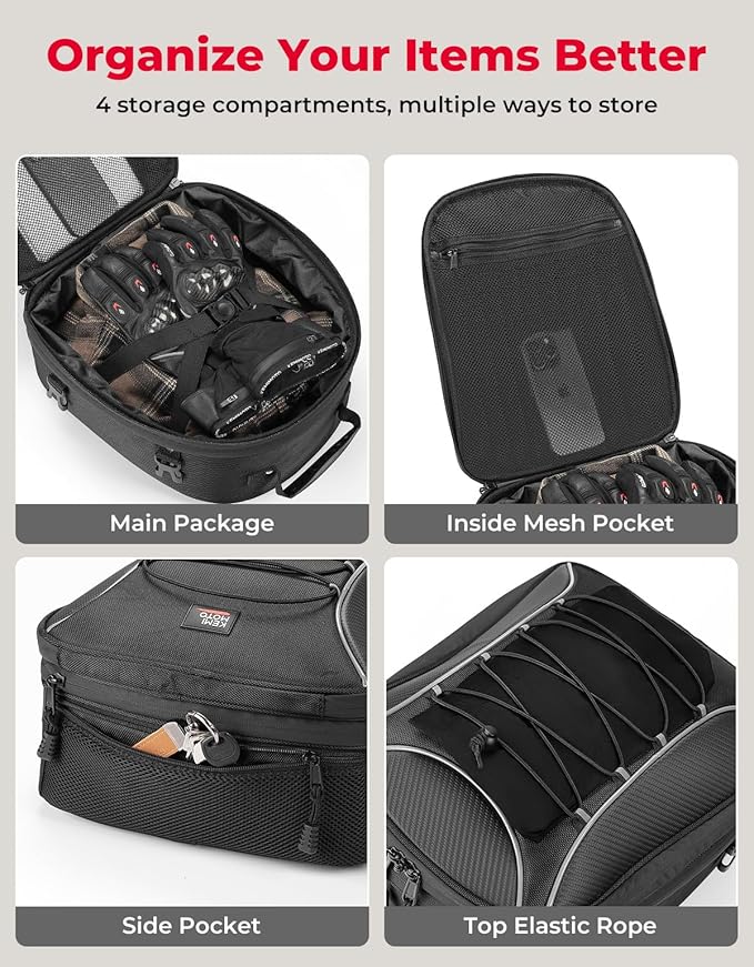 KEMIMOTO Motorcycle Tail Bag, Dual Use Motorcycle Rear Seat Bag with Waterproof Rain Cover, 22L-34L Expandable Motorbike Helmet Bag Luggage Storage Backpack with 6 straps