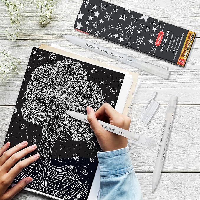 PANDAFLY White Gel Pens, 0.5mm Extra Fine Point Opaque Archival Ink Pen for Journaling, Art, or Drawing - For Artist Gifts, Holiday Gifts & DIY Projects, 3 Pack