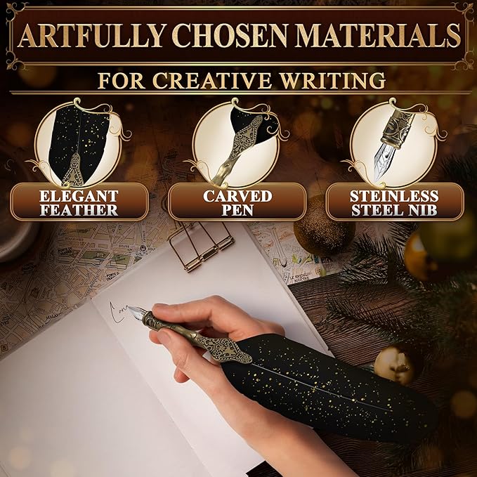 Black Feather Quill Pen and Ink Set – Feather Pen and Ink Set with Stainless Steel Nib & Stand for Practice, Drawing, Signatures & Vintage Decor – Designed for Calligraphy Beginners, Authors & Writers