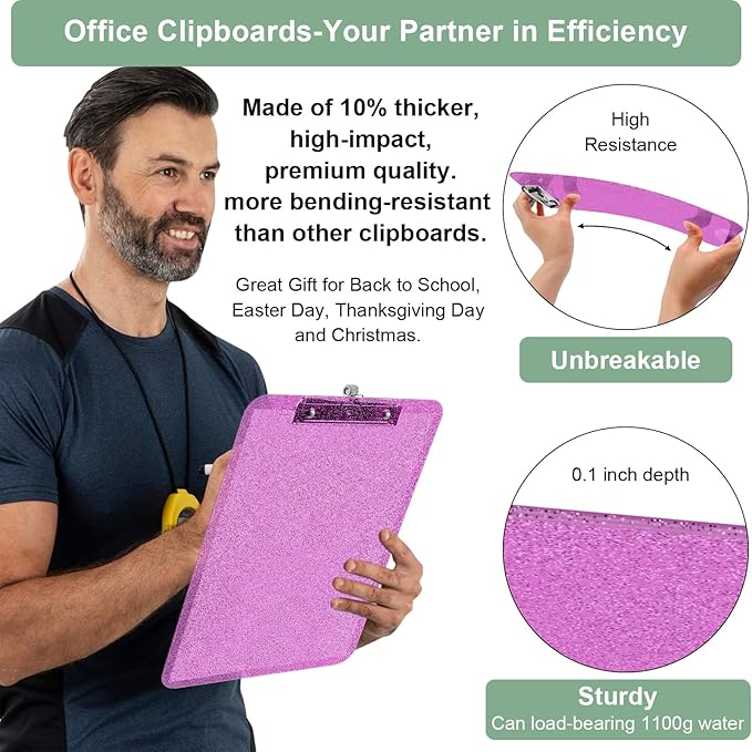 1 Pcs Clear Glitter Clipboards, Plastic Clipboard with Pen Holder,Size 8.85 x 12.4 in Shiny Clipboards with Low Profile Clip,Cute Hanging Clipboard for Office Supplies Sparkly Clip Board-Rose Pink