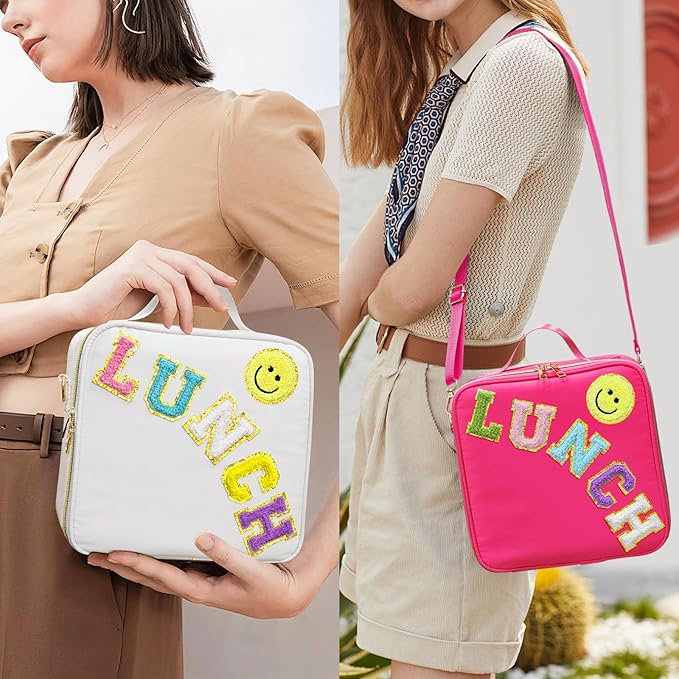 Insulated Lunch Bag Women Lunch Box Kids for Teen Girls Boys, Cute Preppy Lunch Boxes With Adjustable Shoulder Strap, Waterproof Nylon Lunchbox Lunch Bags for School Work Picnic (White)