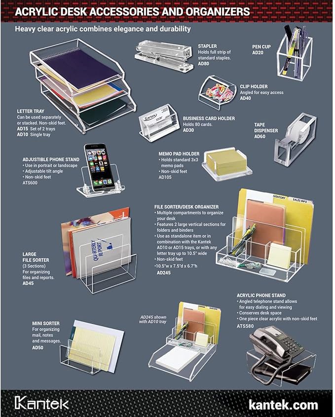 Kantek Clear Acrylic Desk File, 3 Sections, Letter To Legal Size Files, 8" X 6.5" X 7.5", Clear