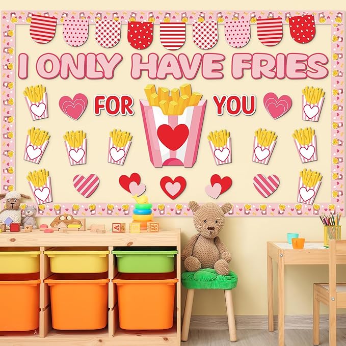 party greeting Valentine's Day Fries Bulletin Board Set Valentines I Only Have Fries for You Classroom Decor Love Heart Name Border Trims Paper Cutouts for School Classroom Home Wall Decor Supplies