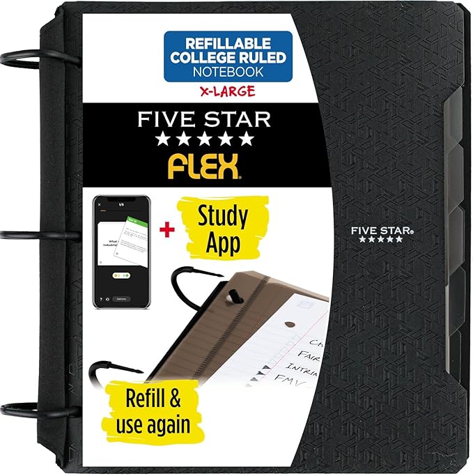 Five Star Flex Refillable Notebook + Study App,College Ruled Paper and 1-1/2 Inch TechLock Ring Binder with Pockets,Tabs and Dividers,300 Sheet Capacity,Black (29324AA2),(Pack of 6)