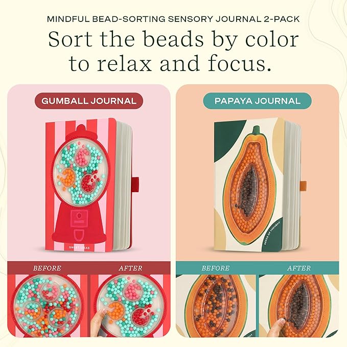 Lifelines Sensory Bead Journals, Papaya & Gumball 2 Pack Set - Fidget Ruled Notebook Journals with Interactive Tactile Cover & Embossed Paper - 160 Pages, Sensory Journaling Notebooks