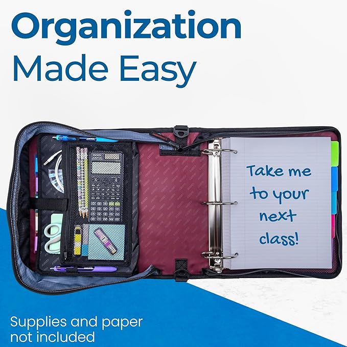 Case-it Mighty Zip Tab School Zipper Binder | 3-Inch O-Rings, 600-Sheet Capacity, 5-Subject Expanding File Folder, Multiple Pockets & Storage Organizer, Shoulder Strap | D-146 Red Burgundy