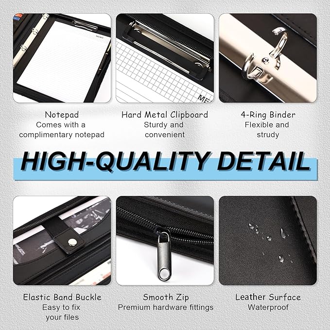 Eshow Portfolio Organizer - 3 Ring Binder with Zipper, Vegan Leather Business Padfolio Folder with Notepad Includes 5 Clear Sheet Protectors for Documents Files for Men Women