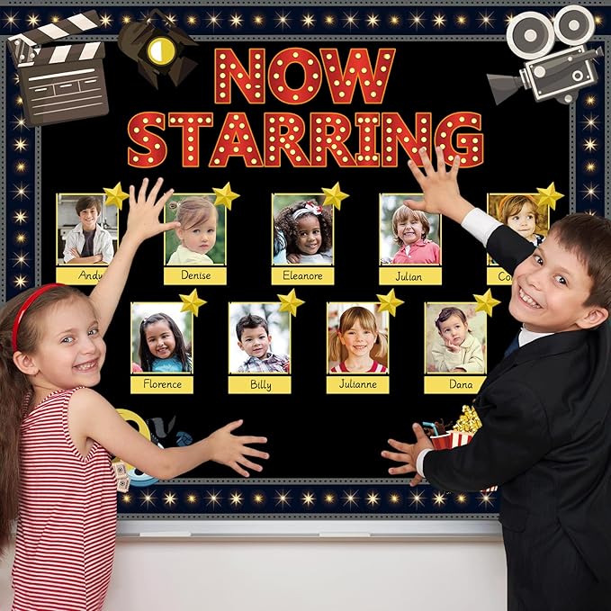 Movie Star Bulletin Board Set Now Starring Bulletin Board for Classroom Decor DIY Photo Crafts Camera Lights Learn Clapperboard Film Tickets Cutouts Accents for School Chalkboard Wall Supplies