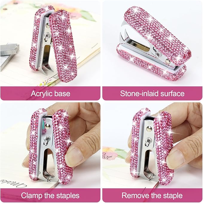 Multibey Rhinestone Staple Remover, Handmade Bling Crystal Cute Remover Tool for Desk, Dazzling Staples Puller Tool Mini Office Supplies & Desk Accessories for Women Office (Pink&Silver Jaw