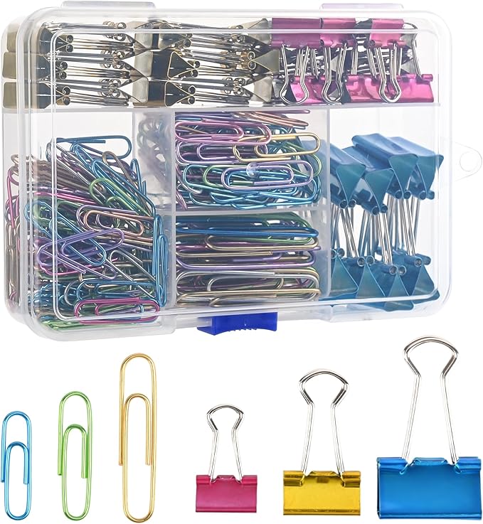 Colorful Paper Clips Binder Clips Set, 250pcs Assorted Size Colored Paperclips Large, Medium & Small Size, Paper Clips for Paperwork Office School Supplies and Desk Essentials