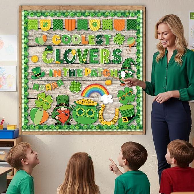 St. Patricks Bulletin Board Decorations - Irish Classroom Decorations, Shamrock Gold Coin Gnome Green Lucky Clover Paper Cutouts Set for School Chalkboard Office Wall Decor
