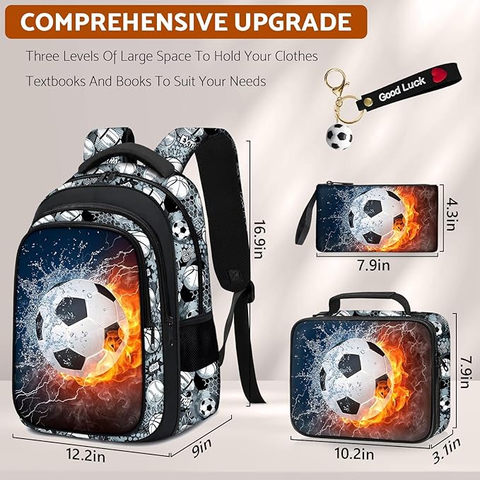 School Backpack for Boys - 4pcs Soccer Boys Backpack with Lunch Box Set for Kids Children Teens Elementary Middle School - 17″ Sport Bookbag Travel Back Pack for Age 6-18